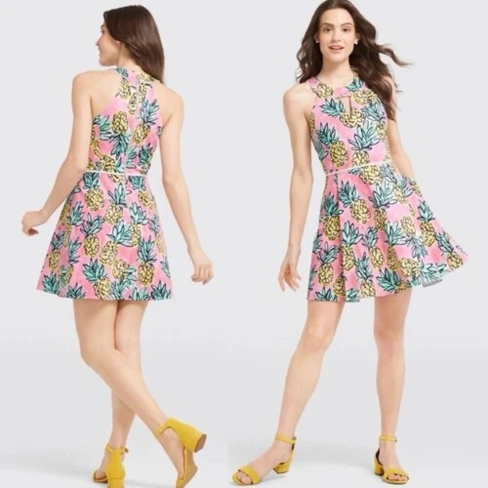 Draper James Pineapple Halter Dress Keyhole Women's Size 10 Sleeveless Mini Pink